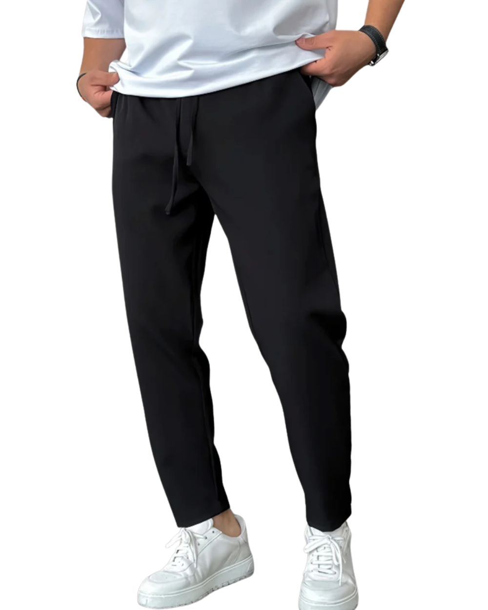 Elegante, taps toelopende broek met trekkoord